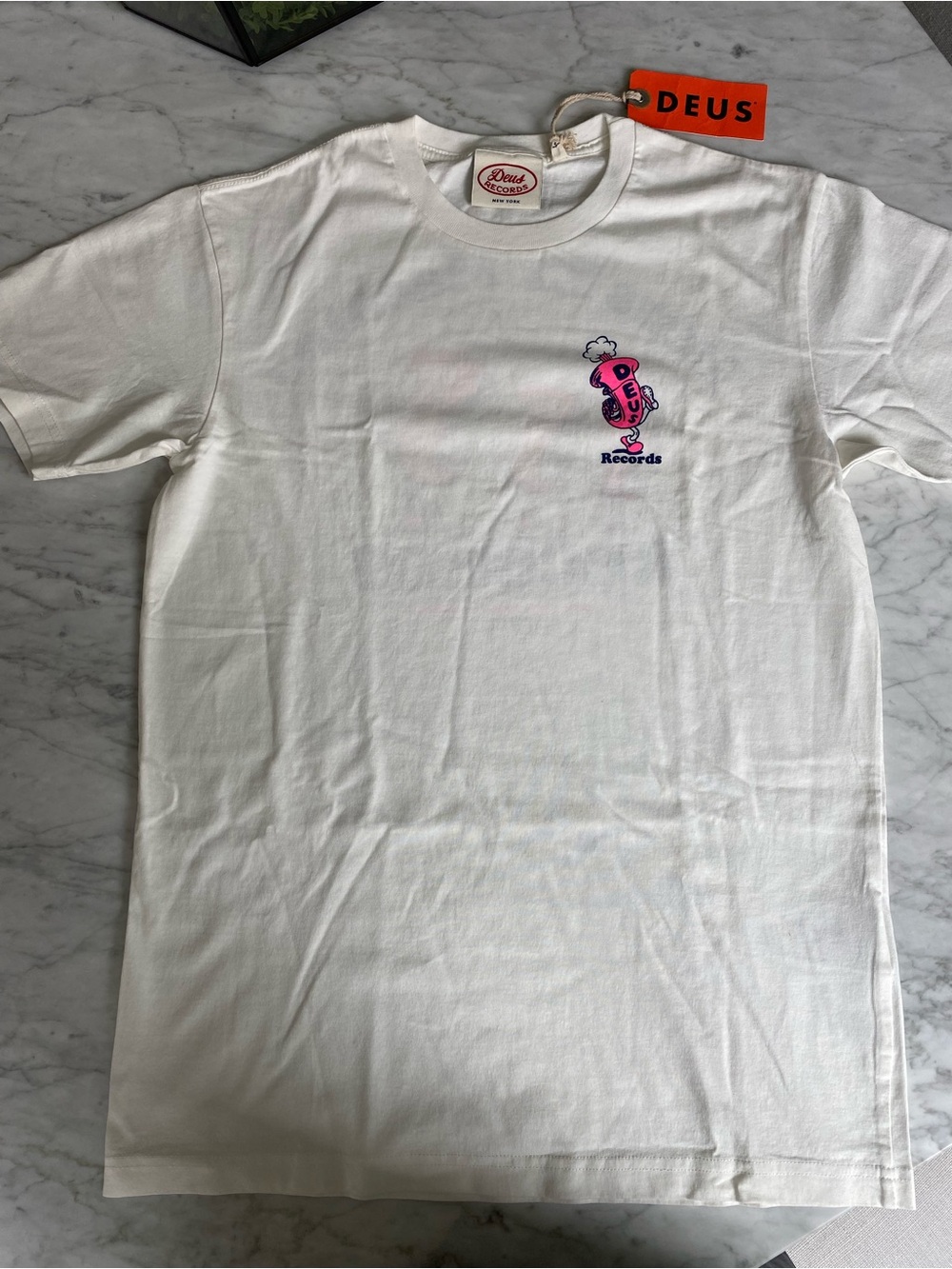 Deus Ex Machina Records Off White Cream Tee with Pink Logo